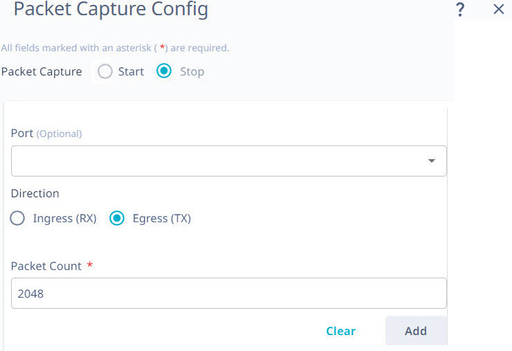 Packet capture config window Packet capture config window